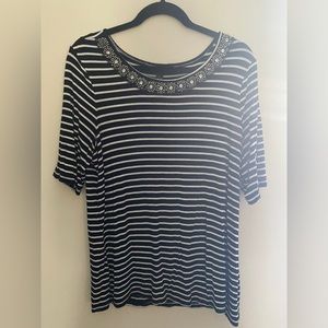 Investments Black & White 3/4 Sleeve Top with Jeweled Neckline